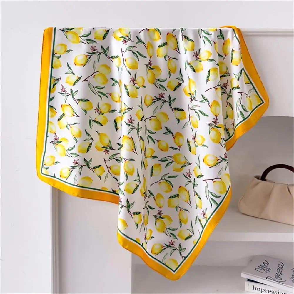 Sonnenschutz Kopftuch Zitronenmuster Kleines quadratisches Tuch Weiches Haarband Hijab Halstuch Satin Krawatte Schals Hot Girl Style