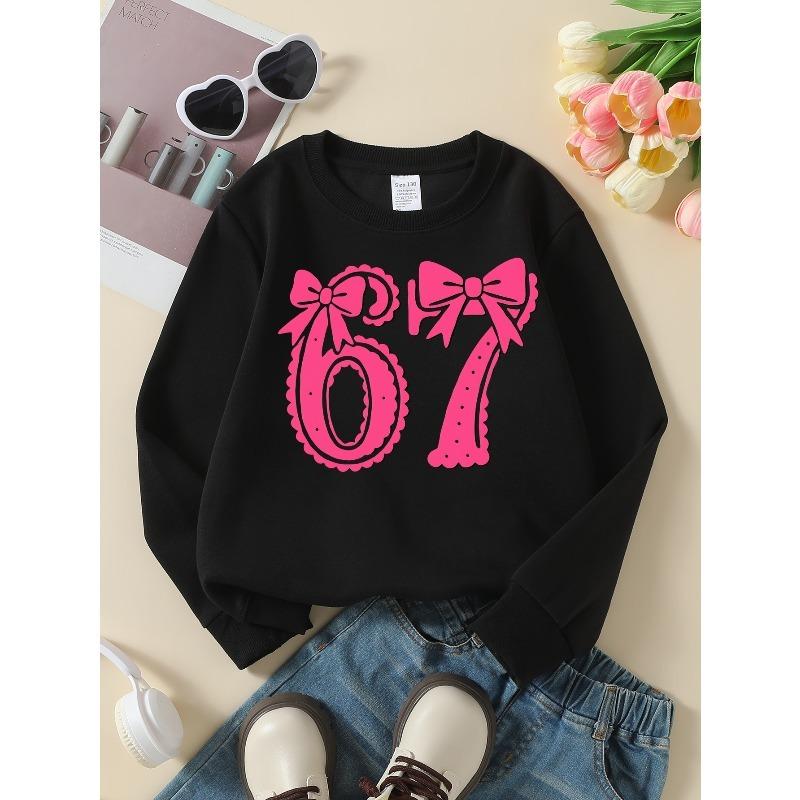 European sizes Kids' Casual Printed Round Neck Pullover, Kids' Round Neck Sweatshirt with Fashion 67 Theme Feature Print, Casual Comfortable