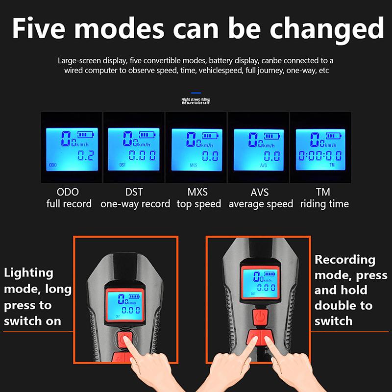 Waterproof Bicycle Light Usb Charging Bike Front Light Flashlight Handlebar Cycling Head Light W/ Horn Speed Meter Lcd Screen