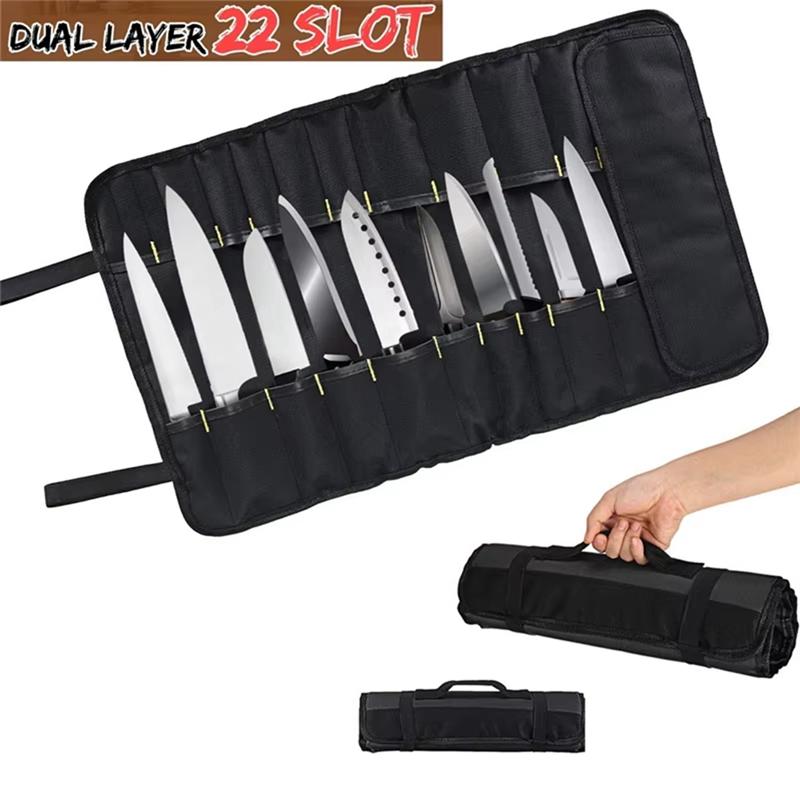 A03F-Tragetasche Besteckaufbewahrung Messerrücksack 22 Fächer Premium Oxford-Gewebe Messertasche Tragbare Kochmessertasche