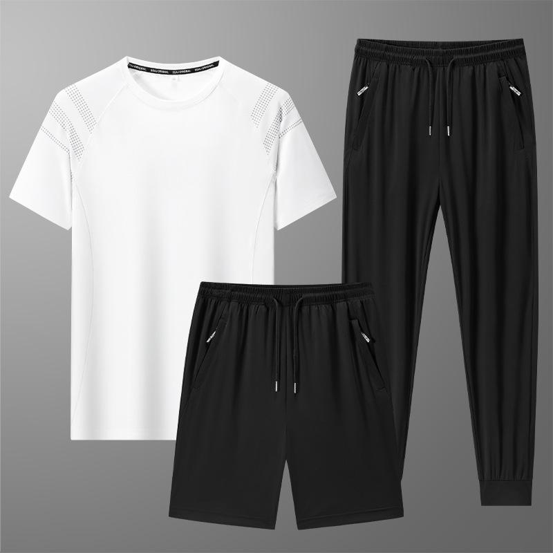 

Летний спортивный костюм Plus Ice Silk быстросохнущий спортивный и досуговый костюм с короткими рукавами комплект из трех предметов мужская одежда 8XL белый