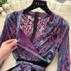 Vintage V-neck Elegant Long Sleeves Chic Flocking Print Spliced Velvet Slim Bandage Dresses Evening High Street Winter Clothing