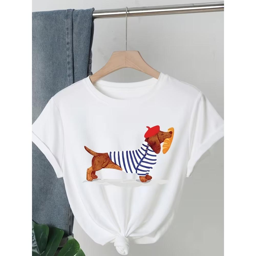 Kurzarm-T-Shirt im Cartoon-Stil mit gestreiftem Hundeaufdruck, Rundhalsausschnitt, Sommer Damenbekleidung, Lässiges T-Shirt, Tägliche Streetwear