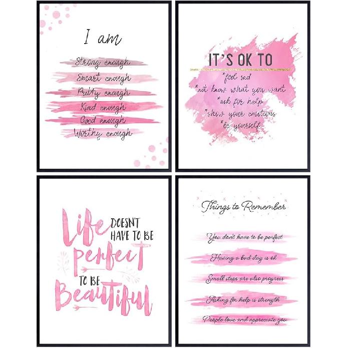 YELLOWBIRD ART & DESIGN pirational Quotes Wall Decor - Pink Motivational poster Set - Positive Affirmations Wall Art - Encouraging Gift for Women