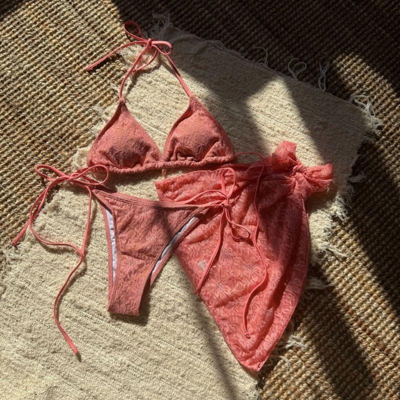 Sexy Lace Composite Mesh Three Piece Mini Skirt Bikini Swimsuit For Women