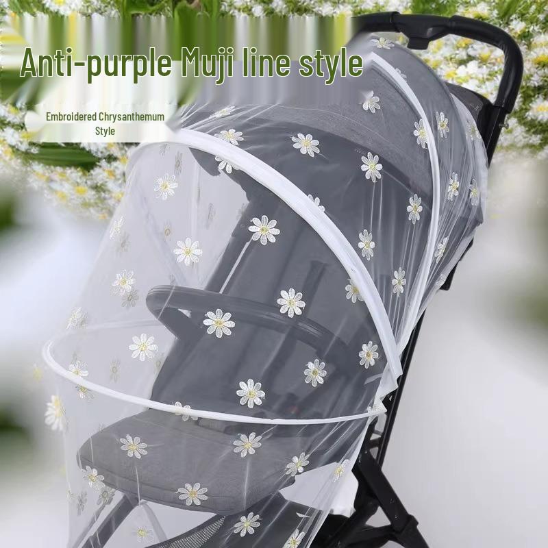 Universal Baby Stroller Mosquito Net with Zippered Embroidered Chrysanthemum Design