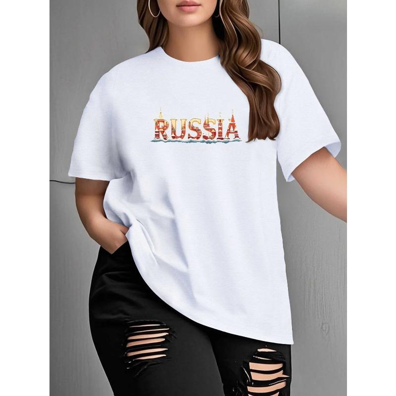 

Европейские размеры Женская оверсайз футболка с графическим принтом Россия со Св. Собор Василия Блаженного и Матрешки - Смелый Кириллический Шрифт S белый