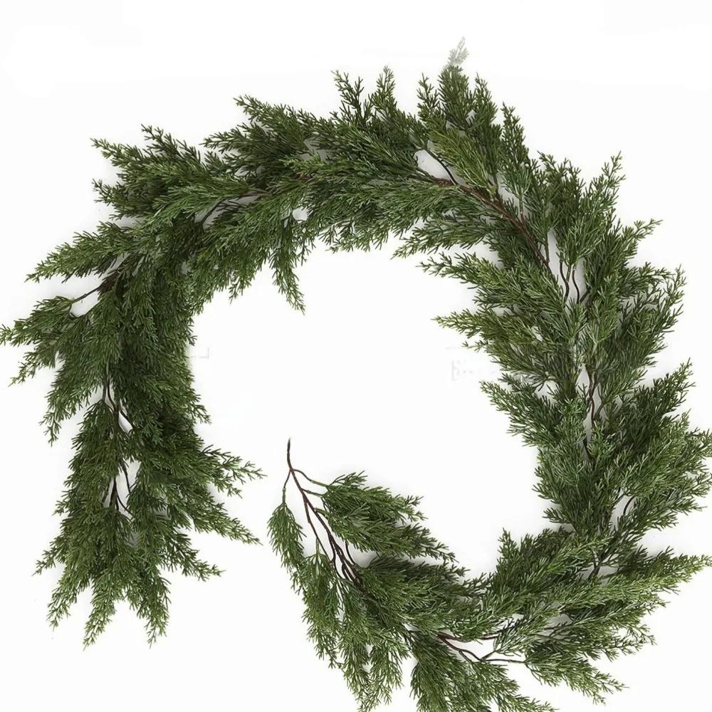 180cm/190cm Artificial Pine Wreath Fireplace Decoration Green Cypress Pine Garlands Wall Hanging Staircase Ornament