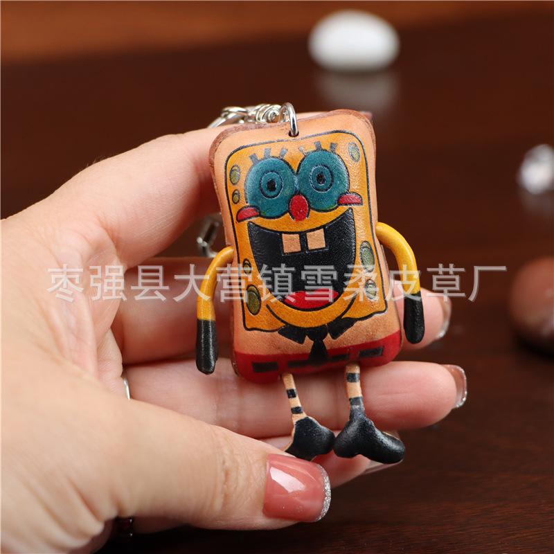First Layer Cowhide Creative Spongebob Squarepants Keychain Bag Pendant Mini Cute Cowhide Bag Accessories Gifts