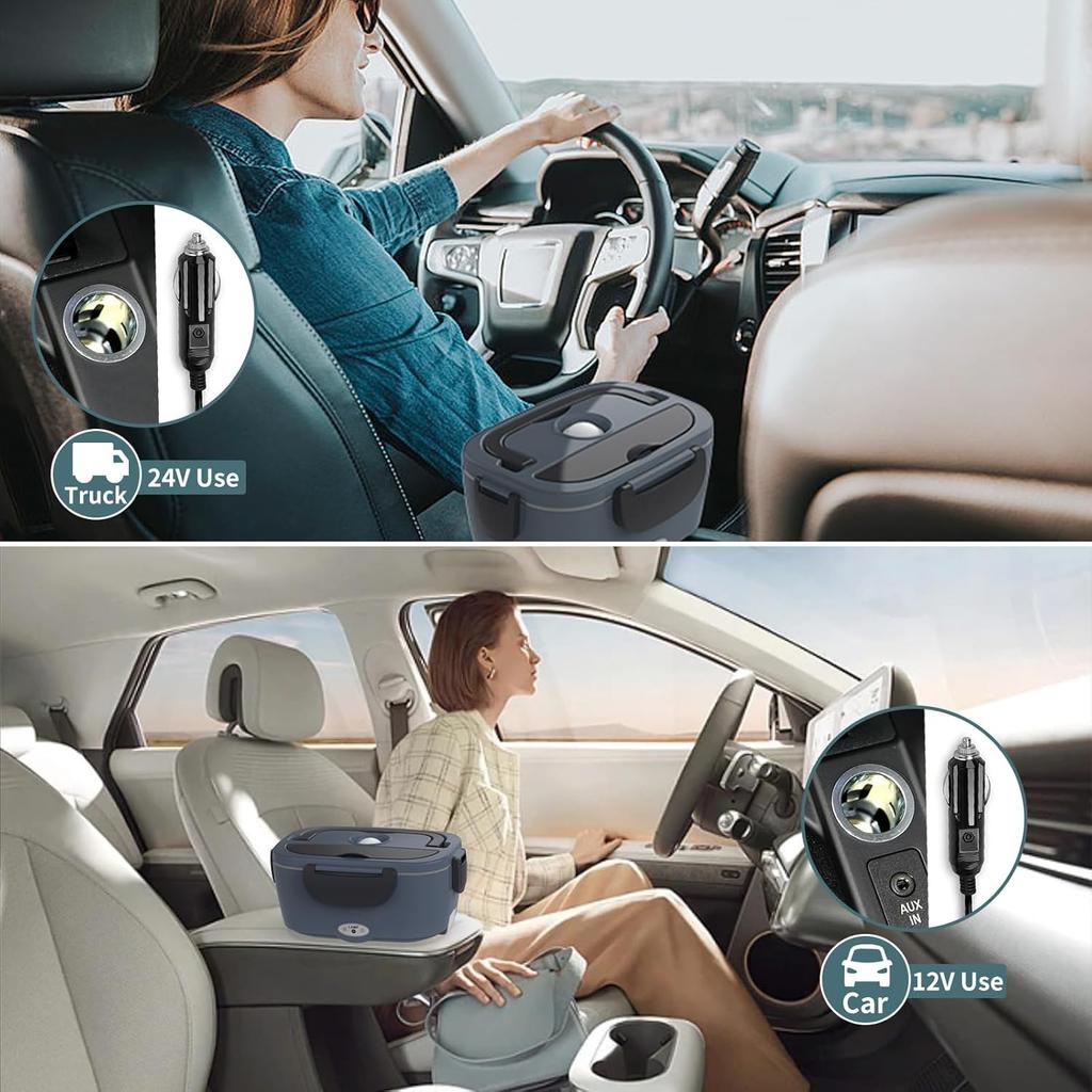 Electric Heated Lunch Box 2-Pack, Portable 12V/24V/110V, Stainless Steel Container with Fork Spoon for Work/Car