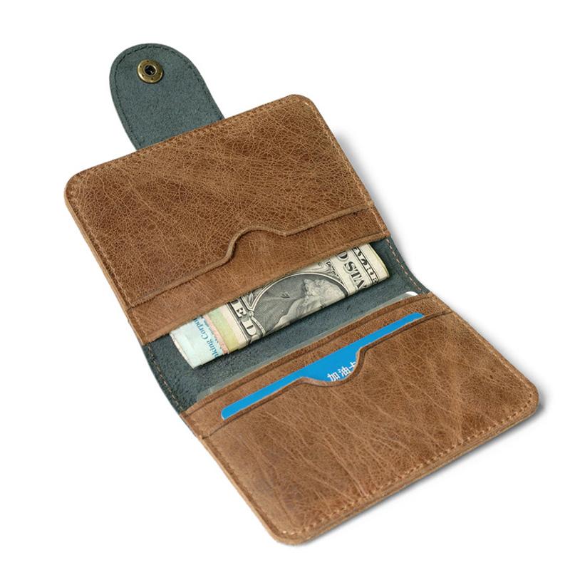 Genuine Leather Card Holder Men Minimalist Slim Credit Card Case Vintage Mini Wallet Snap Button