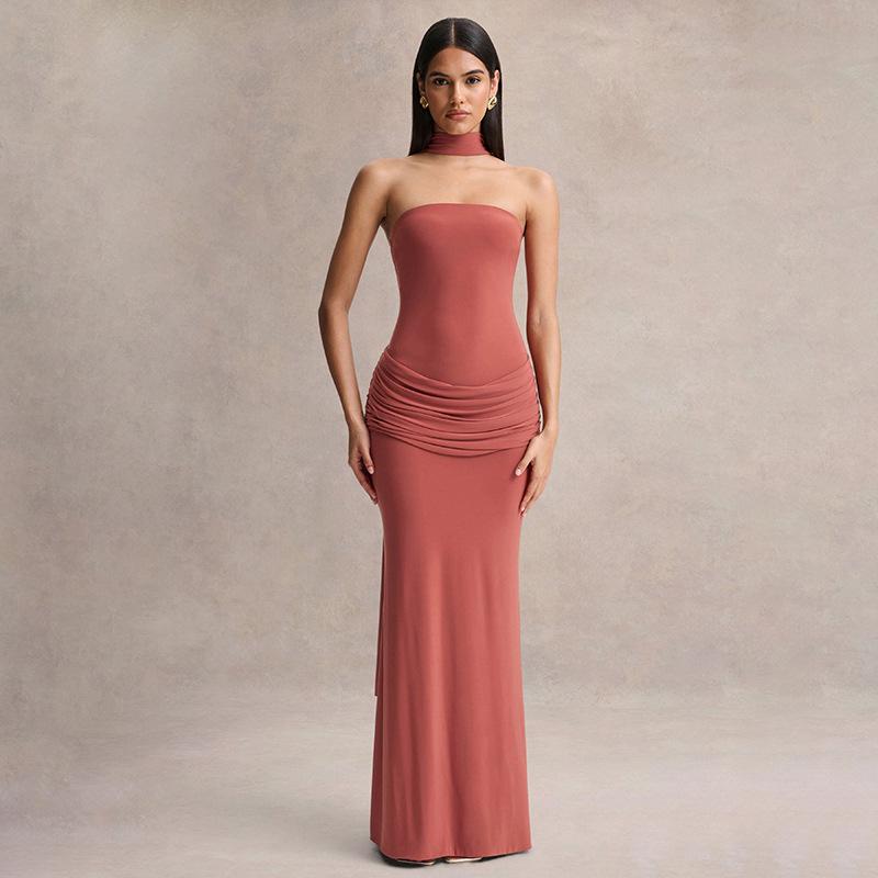 European & American Style Draped Halterneck Ribbon Bustier Dress Small