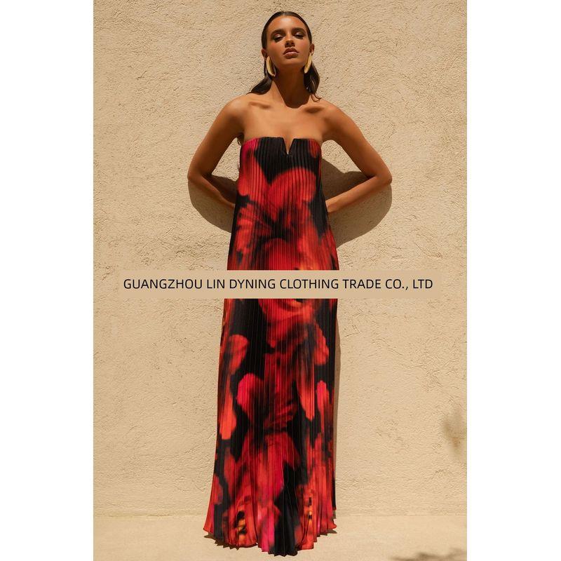 

European and American Fashion Temperament Print Pleat Dress Sleeveless Tube Top French style Vacation Long dress Black XL