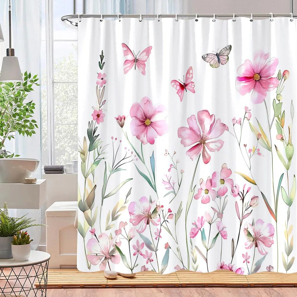 Beautiful Watercolour Botanical Floral Shower Curtain Pink Blue Floral Home Polyester Shower Curtains Bathroom Decor with Hooks