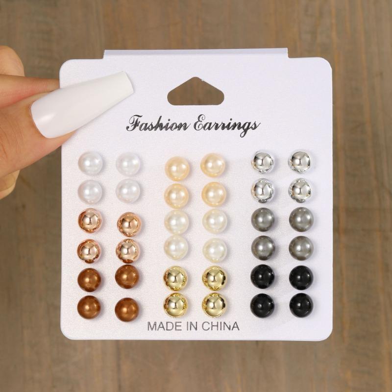 18 Pairs Multi Tone Round Pearl Ball Stud Earrings Set Women Daily Basic Jewelry