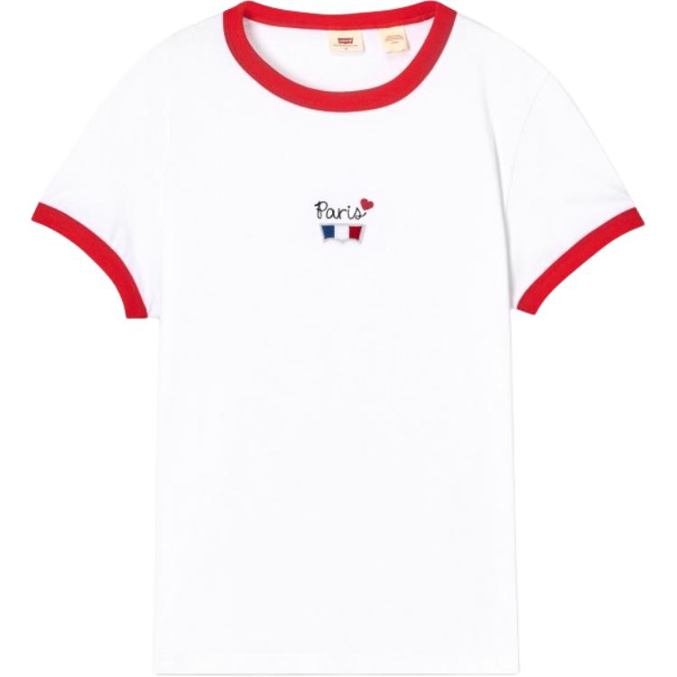 Levis SS24 Paris Limited Edition Capsule Collection Casual Color Block Letter Embroidery Crew Neck Short Sleeve T-Shirt Women T-Shirt White 0023O-0000