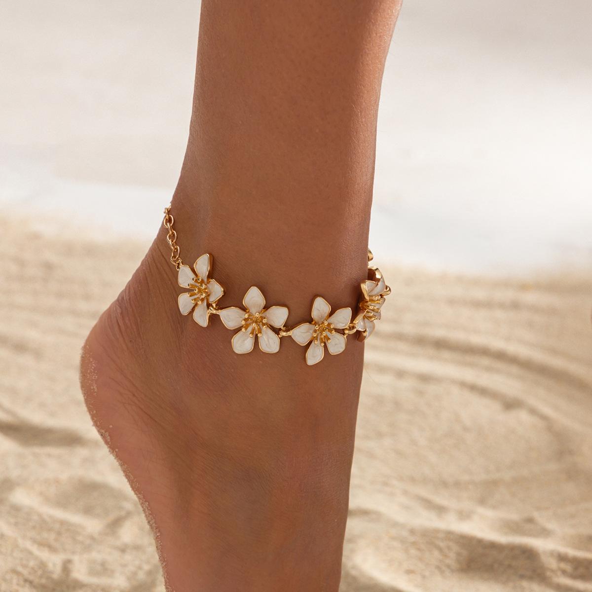 

Beach Fashion Oil Drop 3D Flower Anklet, Ins Minimalist Alloy Petal Foot Jewelry For Women 1
