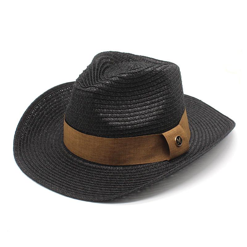 Men'S Straw Hat Summer Big Edge Sun Hat Straw Western Cowboy Top Hat Beach Sun Hat Sun Hat