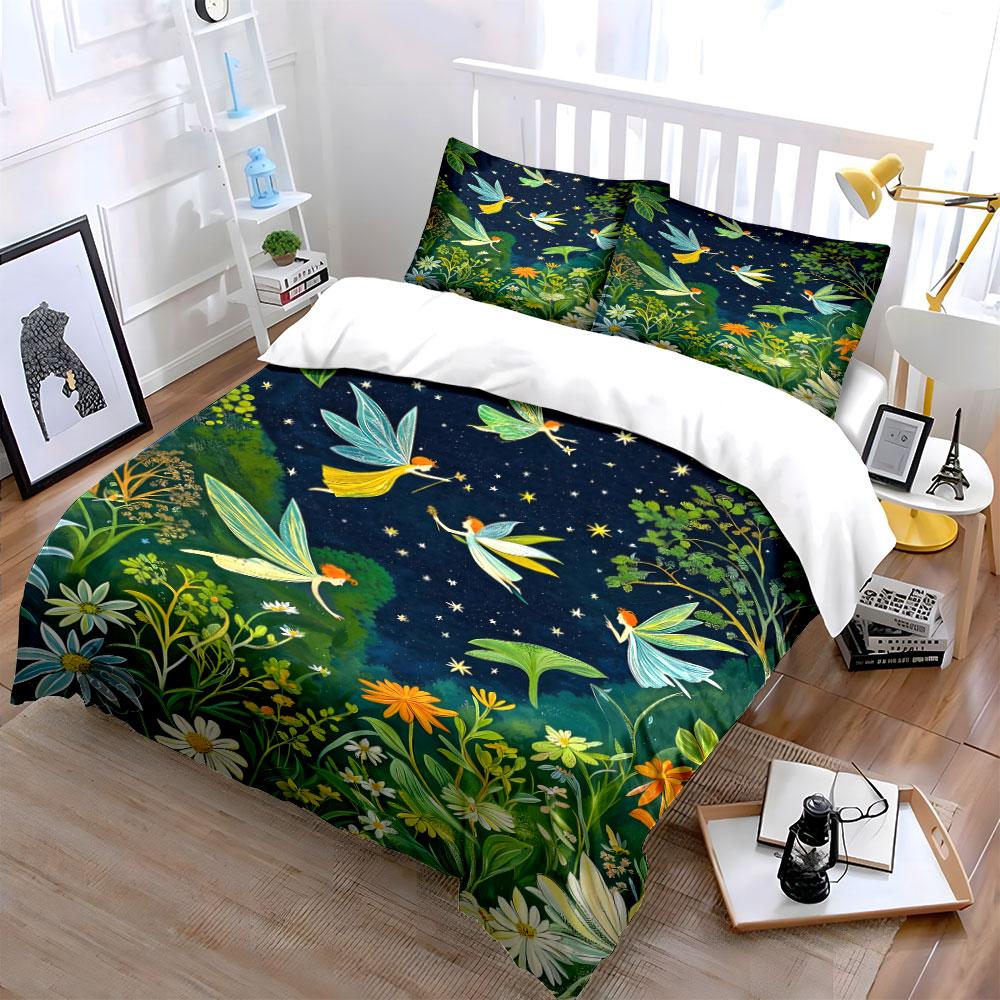Fairies In the Starry Sky Garden Print Bedding Set 1 Duvet Cover 2 Pillowcases for Adult and Children Luxury Gift Full Size