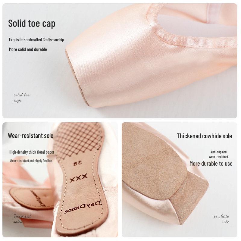 Ballet Pointe Dance Shoes for Adults & Children - Satin, Leather Toe, Beginner Straps, Art Exam & Practice Use