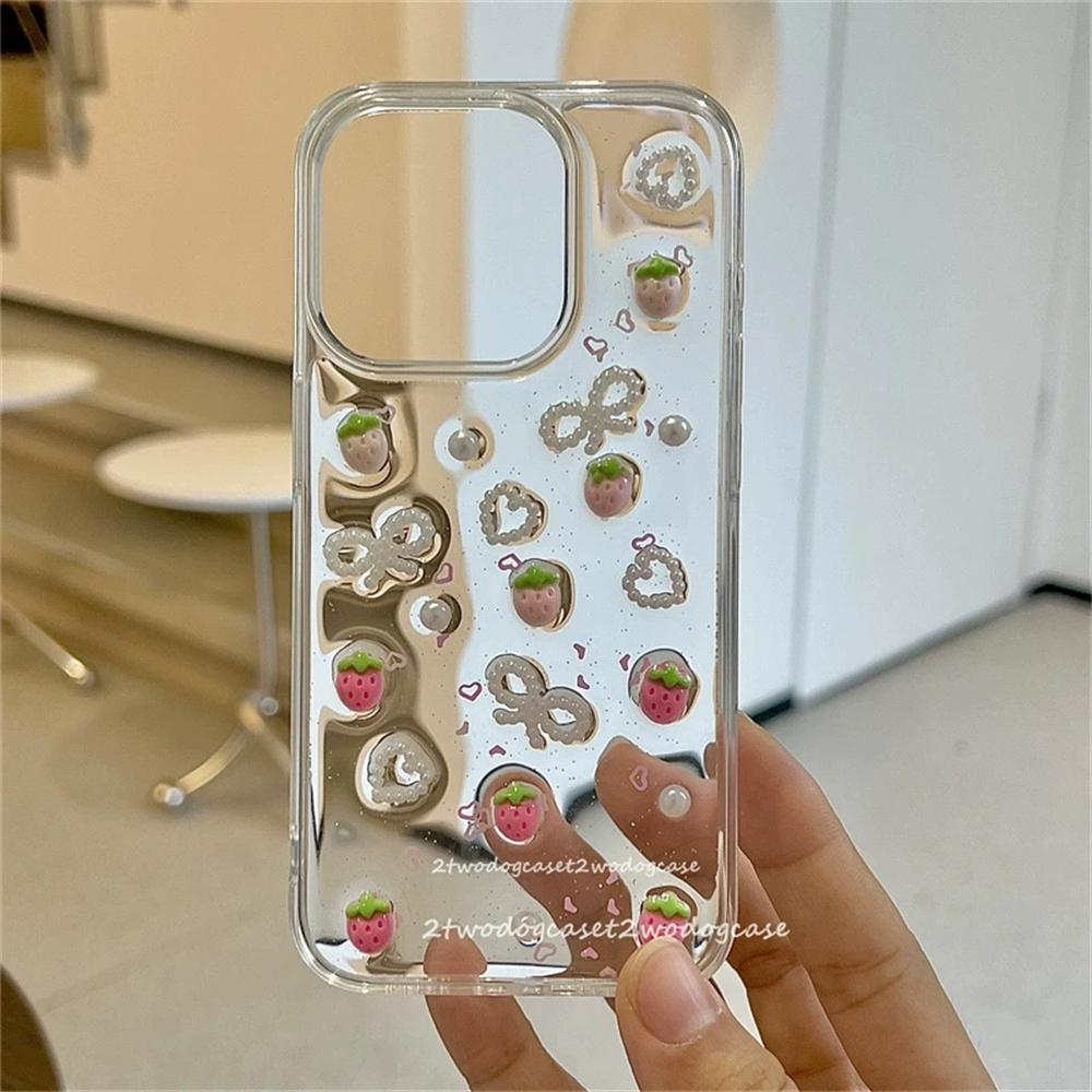 Cute 3D Strawberry Glitter Case For Iphone 17 Air 16 14 13 11 Pro Max 15 Plus 12 Mini X XR XS Bowknot Pearl Epoxy Clear Cover