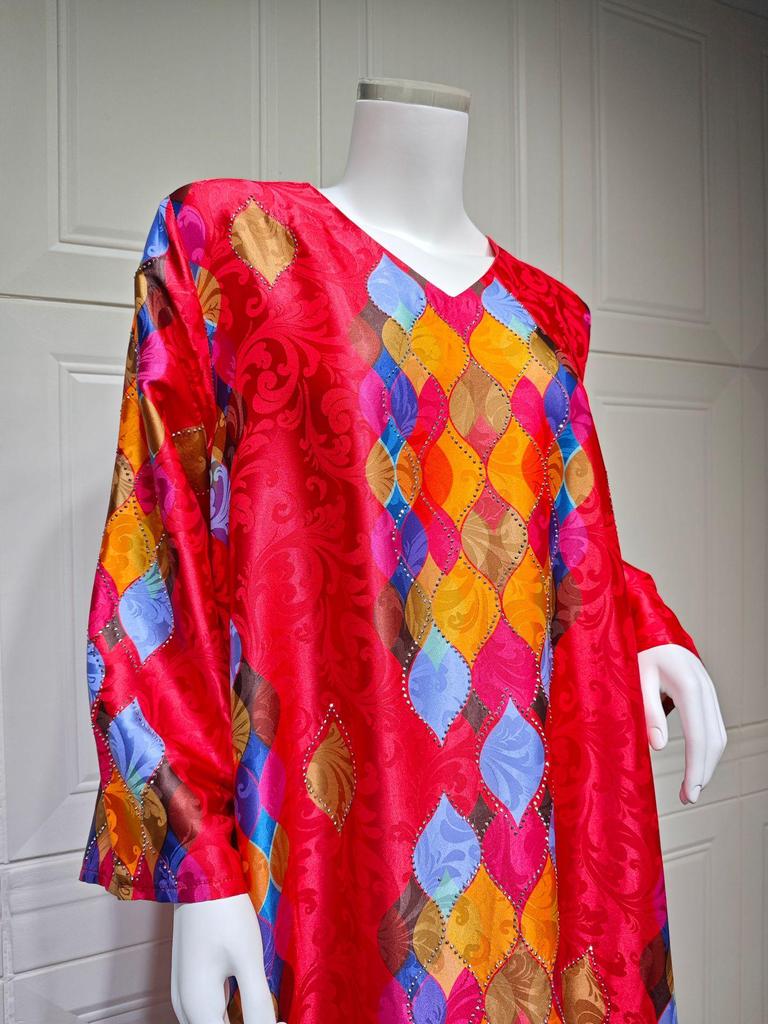 Elegant V-Neck Long Sleeve Dress with Hot Drill Print for Women