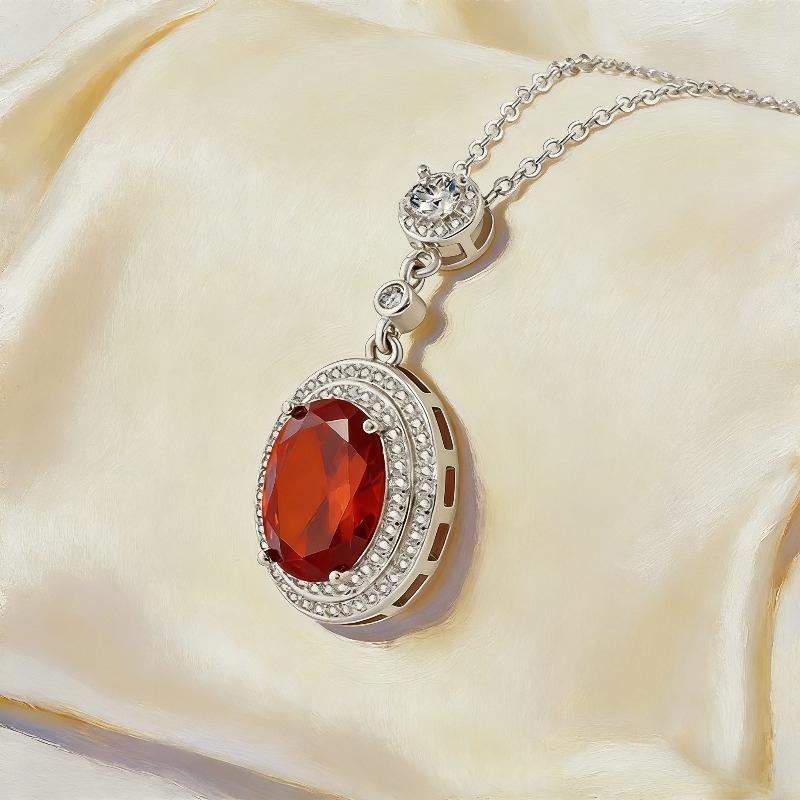925 Sterling Silver Garnet Red Oval Zircon Pendant Necklace Birthday Party Anniversary Gift