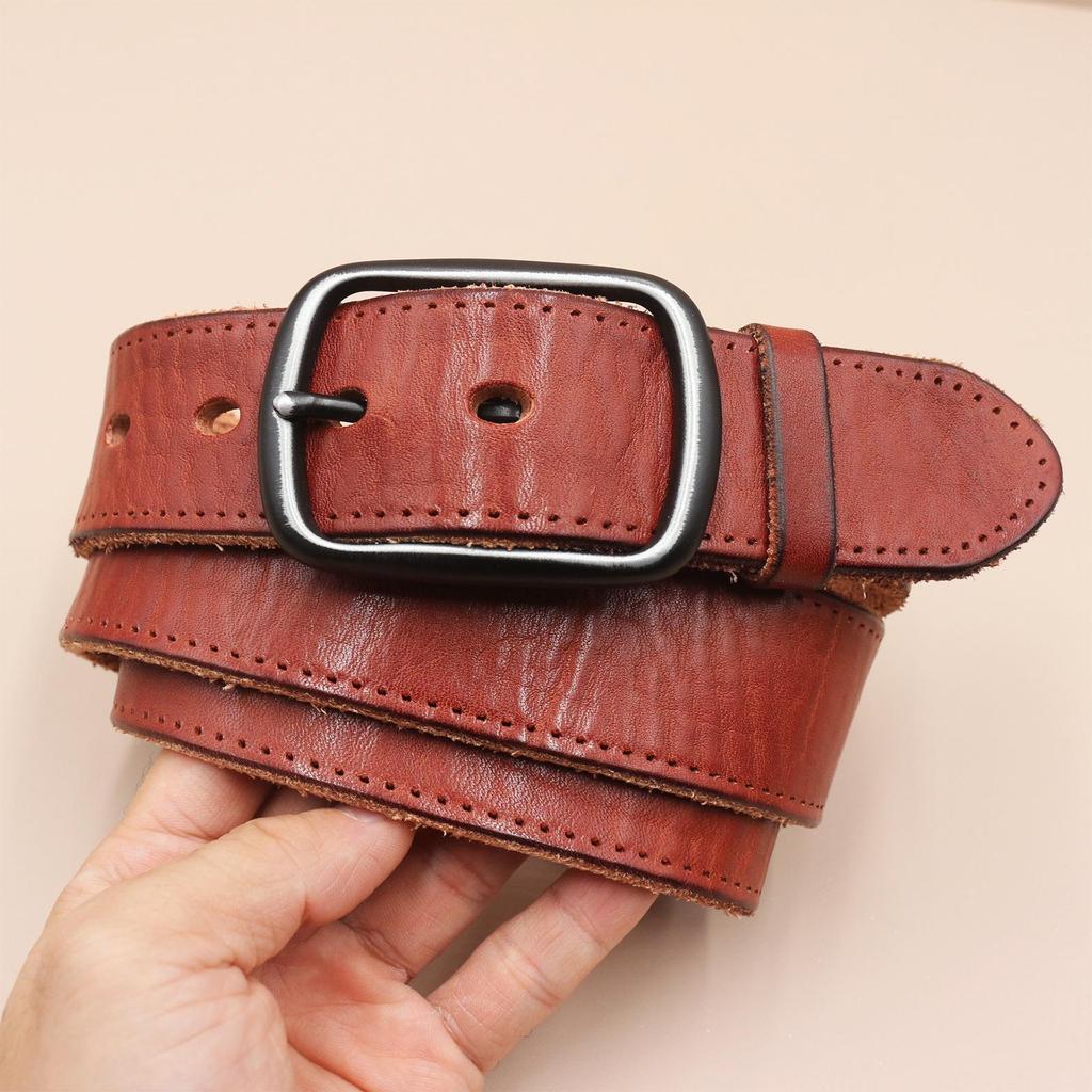 Retro Faux Stitch Men's Belt: Yellow Cattle Genuine Leather, Fashion Pin Buckle, Top Layer Cowhide.