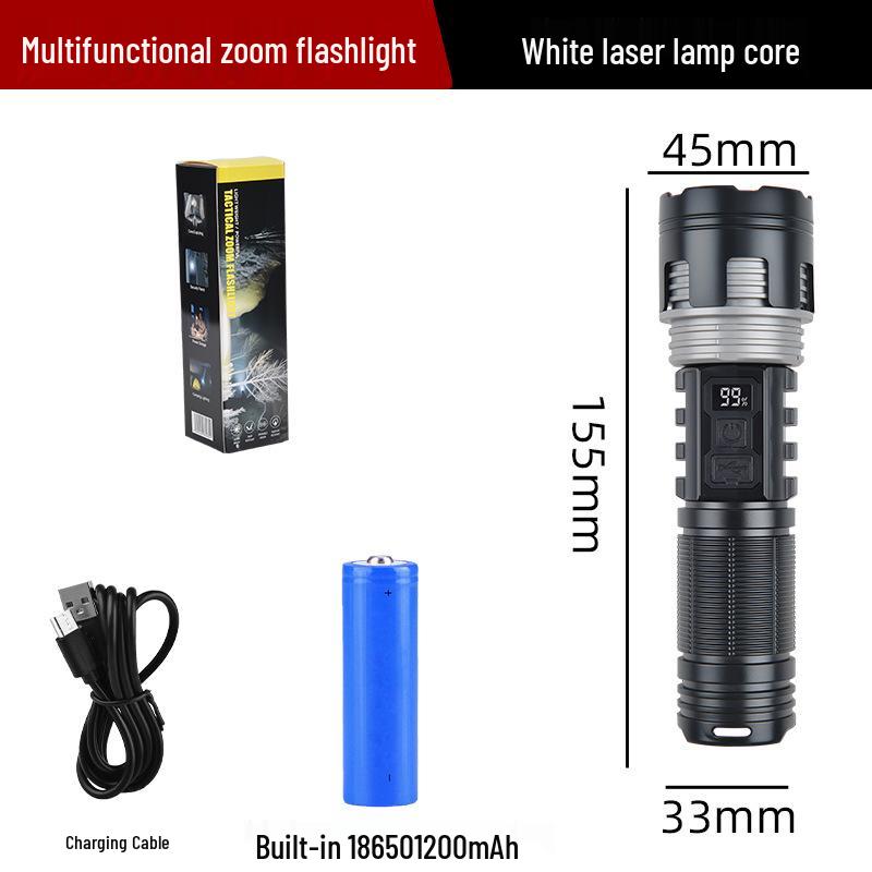 Temu 115B Multi-Function Rechargeable Flashlight: Strong Light, Zoomable, with Digital Display for Outdoor Patrol and Night Fishing Emergencies.