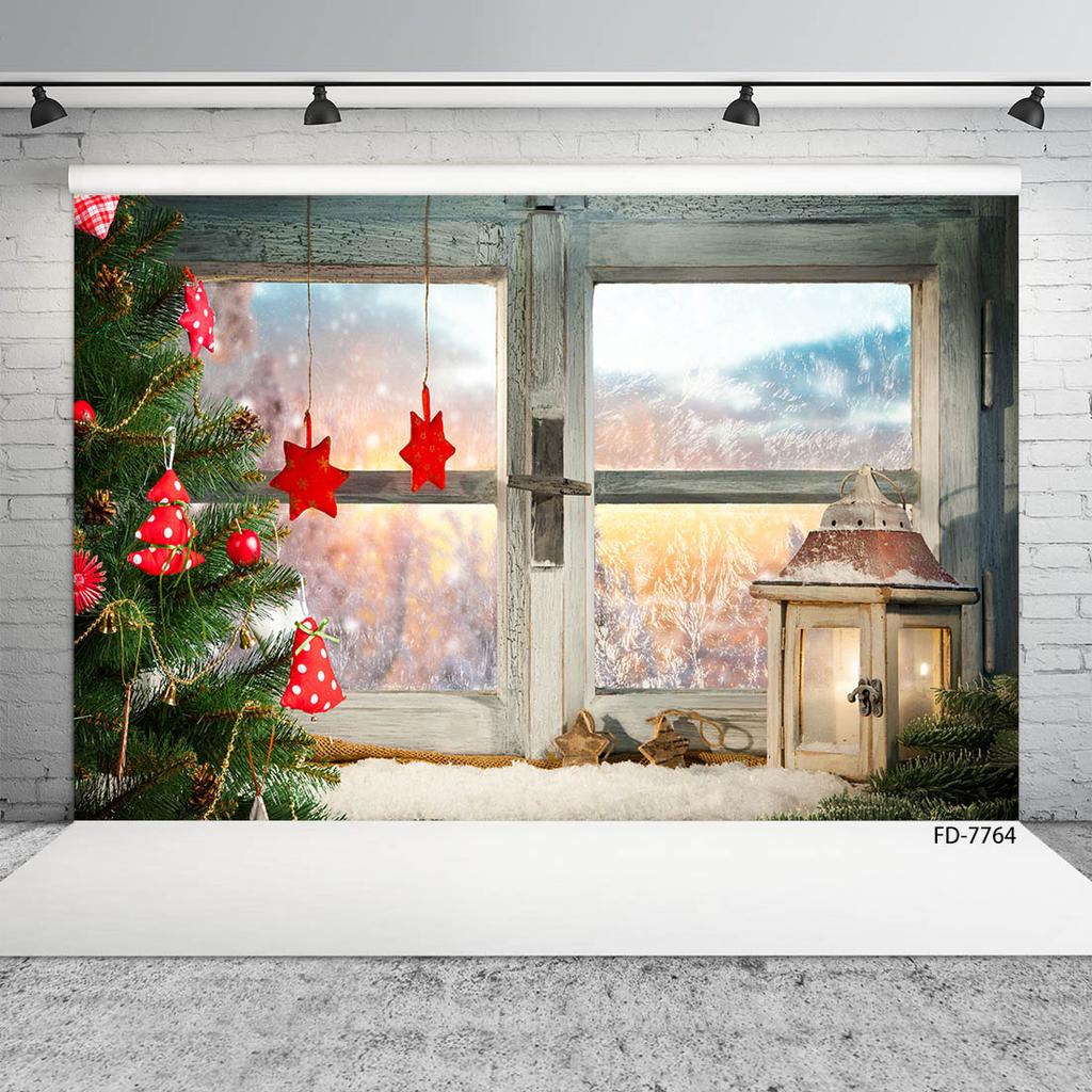 Christmas Party Decor Backdrop Photocall Winter Snow Window Pine Tree Stars Baby Family Photographic Background Photo Studio