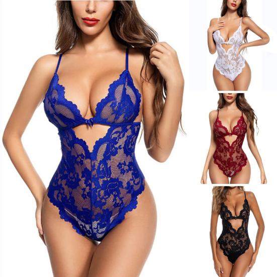 Women Sexy Bodysuit Low-cut Backless Sleeveless Thin See-through Lace Deep V Neck Flower Embroidery Spaghetti Strap Skinny Lady Wedding Night Playsuit