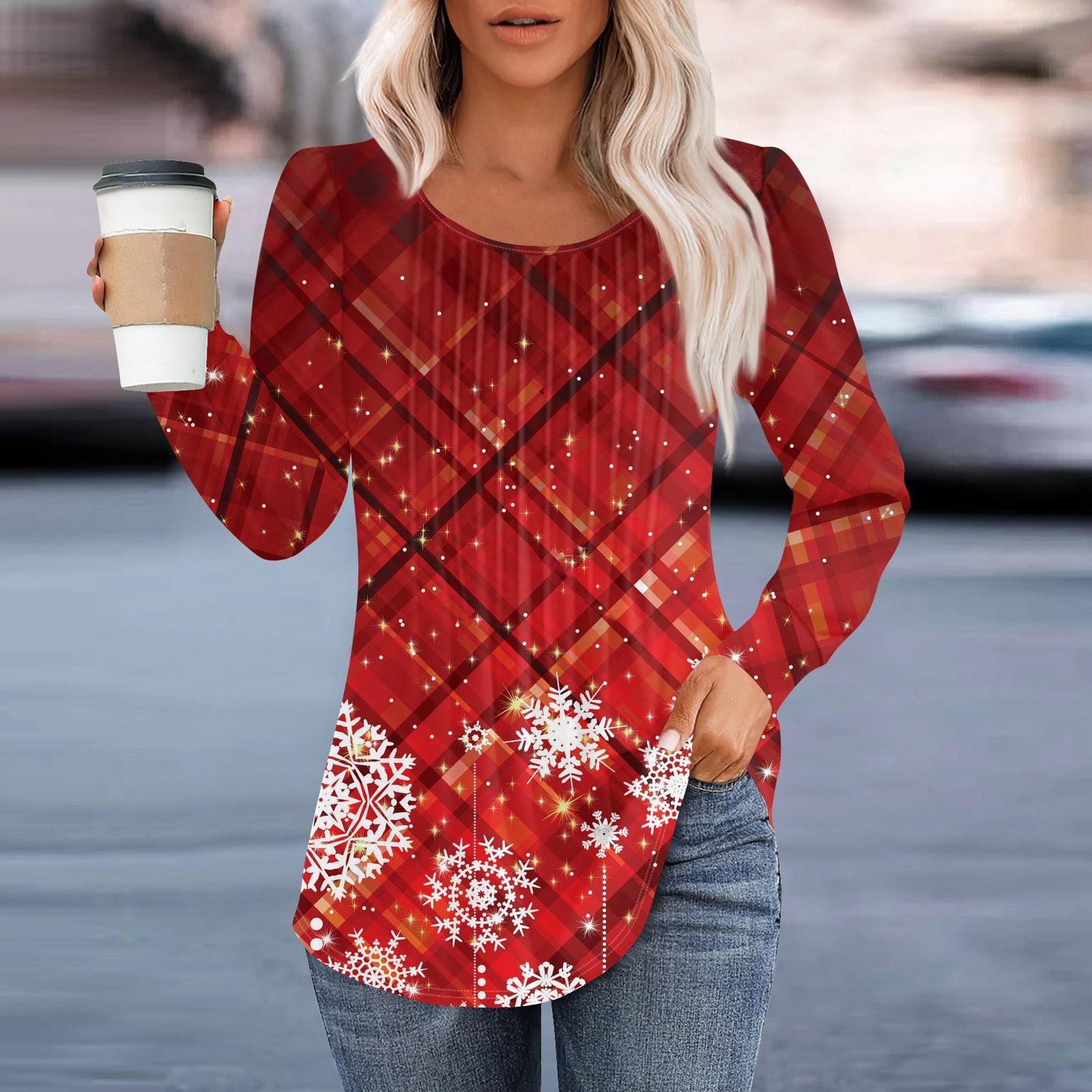 

Жіноча повсякденна та модна плісирована футболка з круглим вирізом і довгими рукавами на Різдво M червоний