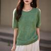 Seamless Round Neck Fleece Wool Half-Sleeve Women's Knit Top Sweater for Autumn/Winter