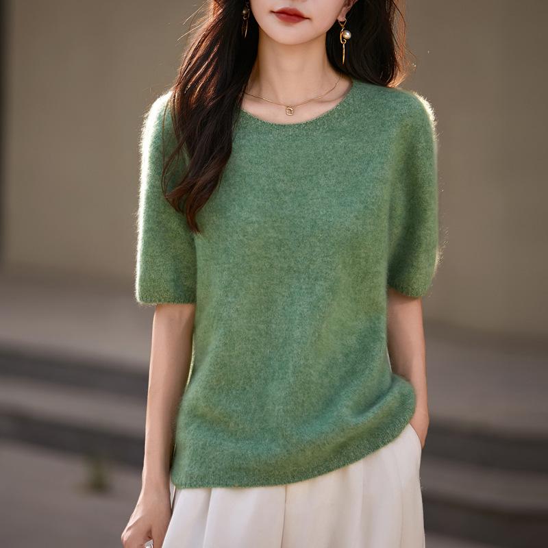 Seamless Round Neck Fleece Wool Half-Sleeve Women's Knit Top Sweater for Autumn/Winter
