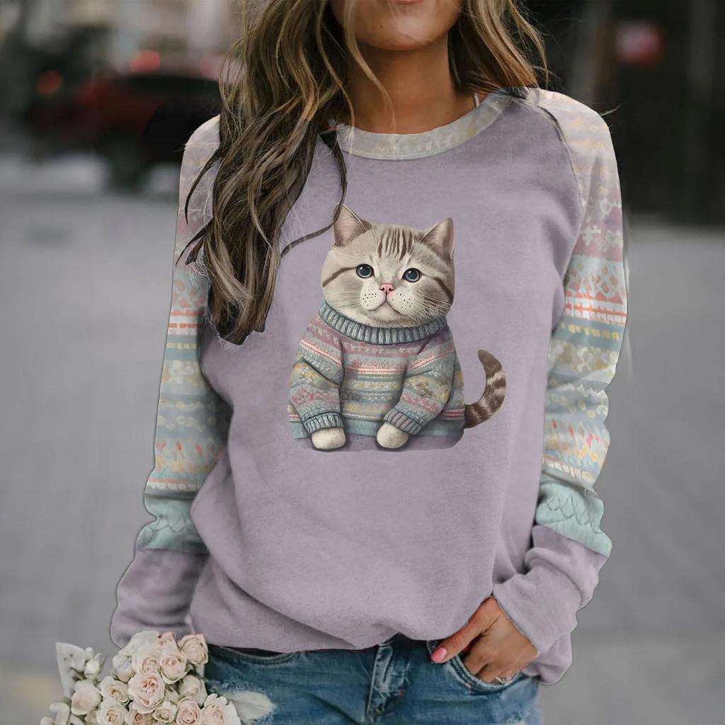 Cotton Long Sleeve T-Shirts For Women Funny Kawaii Cat Animals Print Sweatshirts Female Cute O-Neck Pullover Woman Sweatshirt