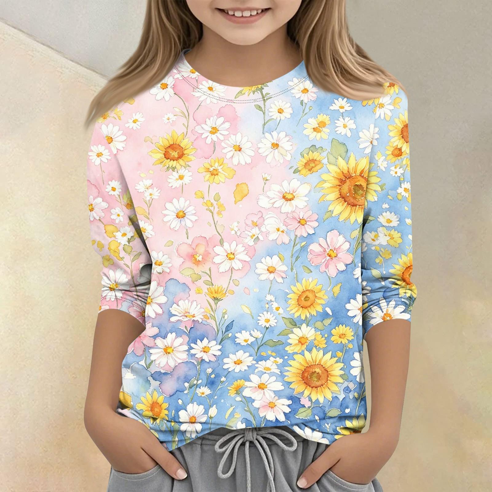 Girls Floral Print Casual T Shirt Crew Neck Three Quarter Sleeve Lightweight Soft Fabric Comfortable Fit 110 синий