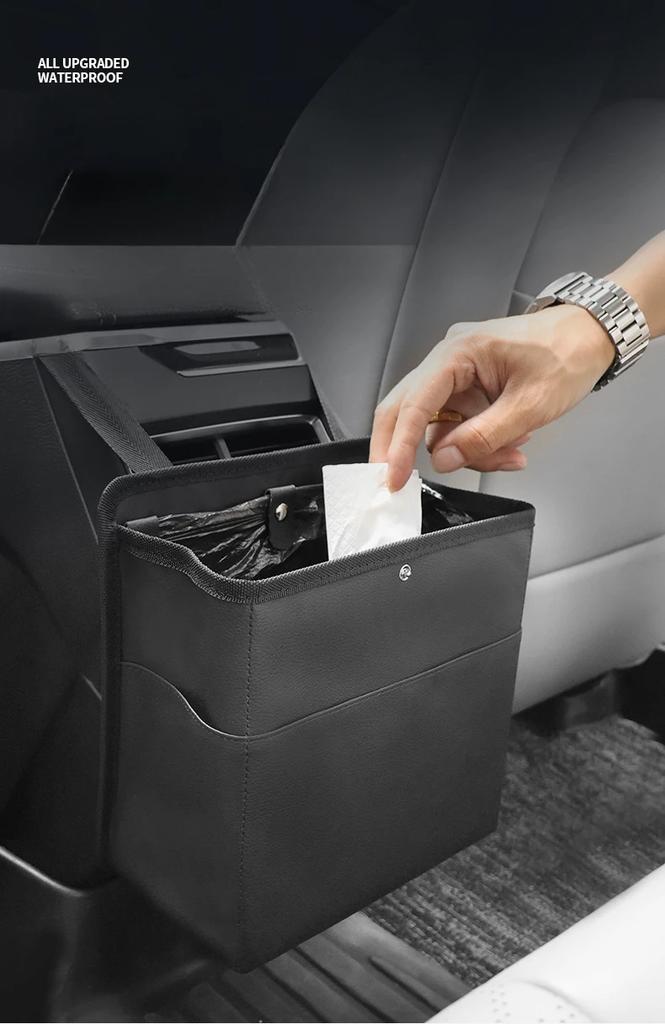 Car Trash Bin Leather Auto Front Passenger Seat Hanging Garbage Storage Organizer Seat Back Phone Tissue Pockets Accessories