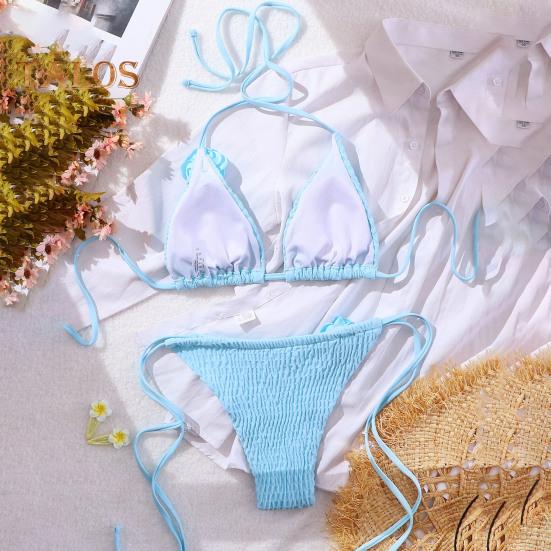 2Pcs/Set Women Sexy Bikini Set Halter 3D Flower Decor Bra High Waist Lace-up Briefs Set Solid Color Pleated Beachwear Swimsuit
