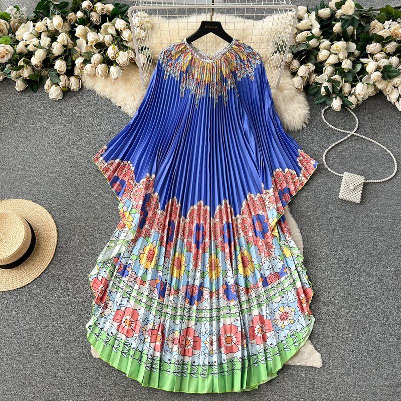 

Women s European Style Retro Big Swing Summer Casual Dress Blue background pink flower One size