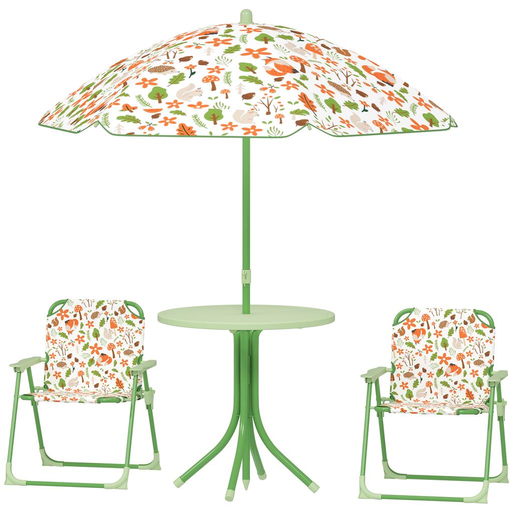 Garden Set for Children Ages 2-5 with Round Table, 2 Folding Chairs and an Umbrella, Green