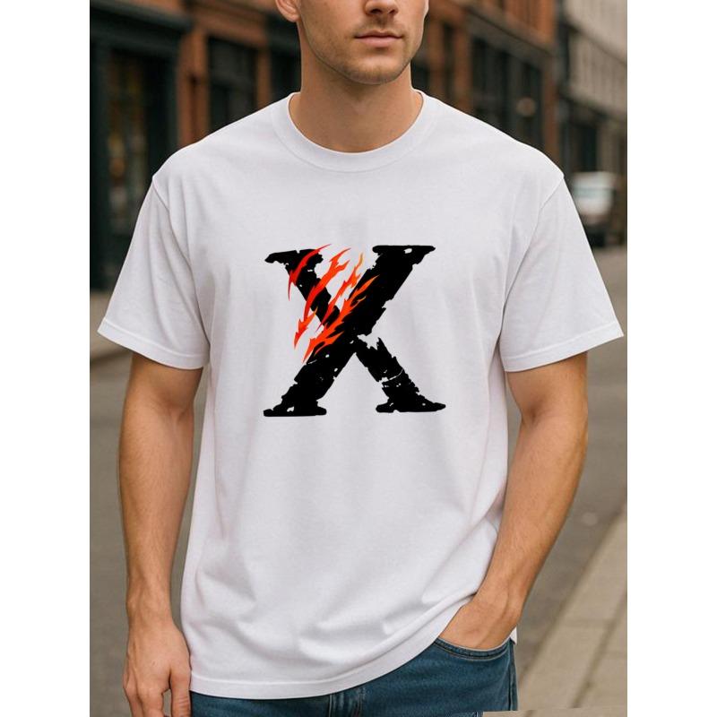 

European sizes Flame-torn Letter X Trendy Street Style Fashion T-shirt | Men S Lightweight Round-neck Short-sleeved Shirt 4XL білий