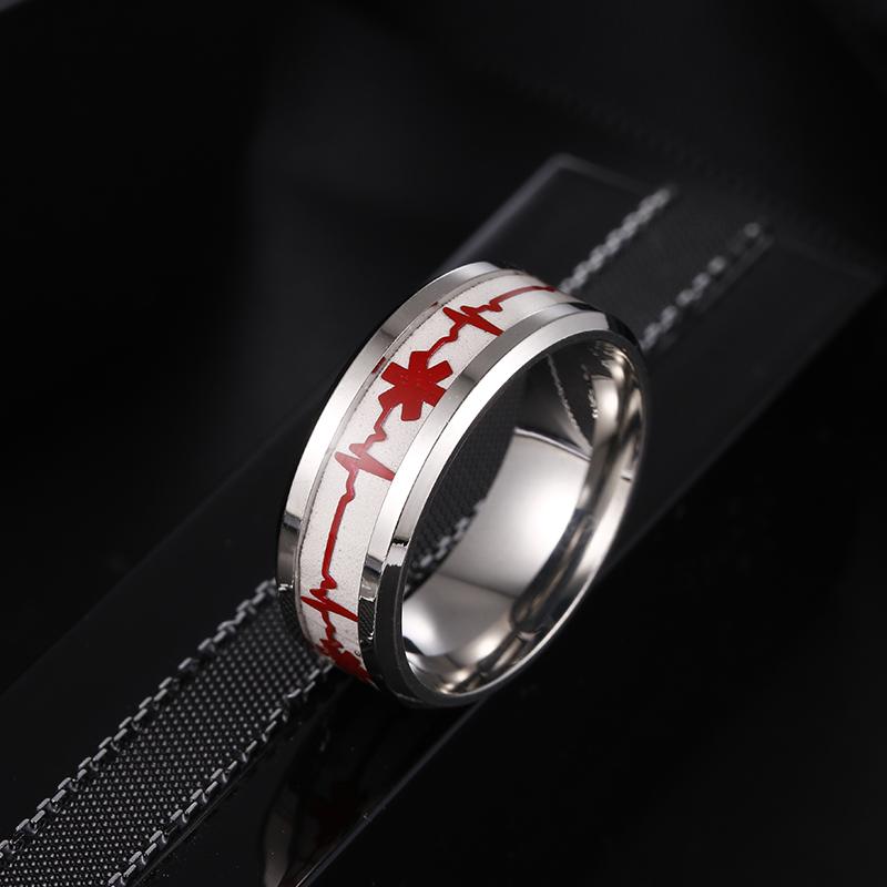 Ljusande Medicinsk Varning ID-ring för Män Kvinnor Rostfritt Stål 8MM Bredd ICE SOS Nödfall Finger Typ 1 Unisex