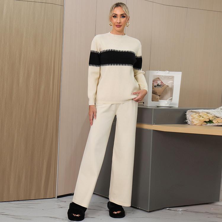 Contrasting Color Splicing Semi-turtleneck Women's Autumn and Winter Lazy Loose Pullover Knitting Two-piece Set