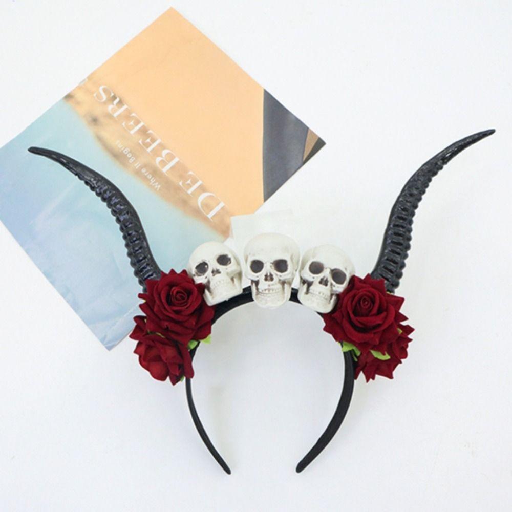 Skull Sheep Horn Hairband Halloween Red Rose Headband Flower Crown Ox Horns Headband  Festival Wear