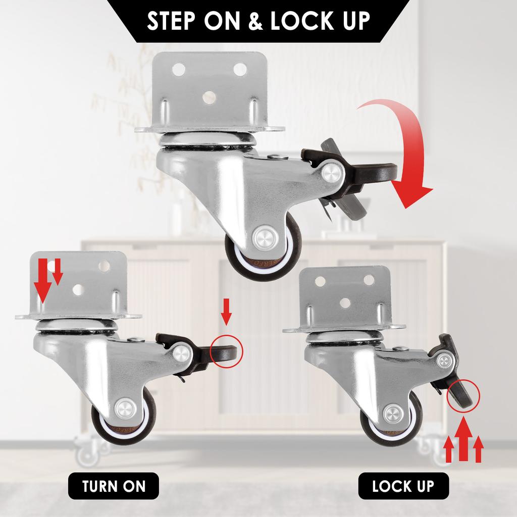 4Pcs Caster Wheel Set 1/1.5/2 inch Small Soft Rubber Side Mount Angle Furniture Move Safety Brakes Swivel Castor Silent For Cart