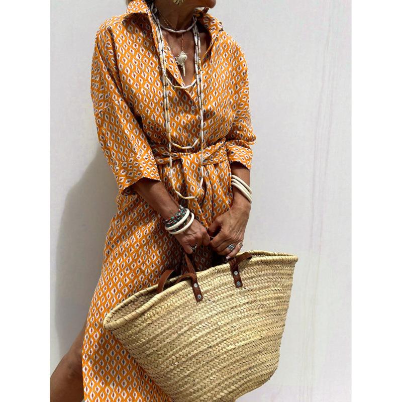 Independent Station European and American Women's Clothing New Five-Sleeve Striped Cardigan Lapel Shirt Dress