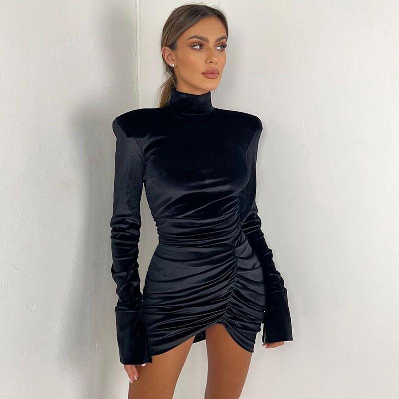 

Fashion Fashion Half Turtleneck Pleated Waist Tight Bodycon Dress Fancy Pure Color All-Matching Corduroy Ruffle Sleeve Dress Black S