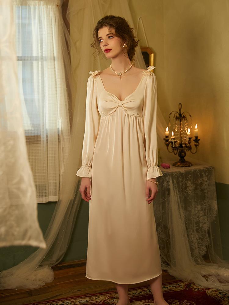 Pure desire wind ice silk nightdress women's spring and summer new long knee princess style long sleeve loungewear pajamas skirt