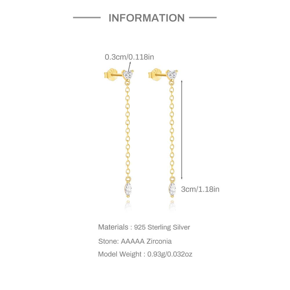 Fashion Jewelry 925 Sterling Silver Long Tassel Chain Diamond Heart Shape Zircon Gold Plated Stud Earrings for Women