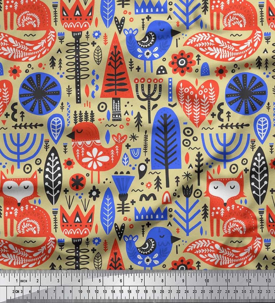 Soimoi Beige Poly Crepe Fabric Tree & Fox Folk Art Fabric Prints By Metre 42 Inch